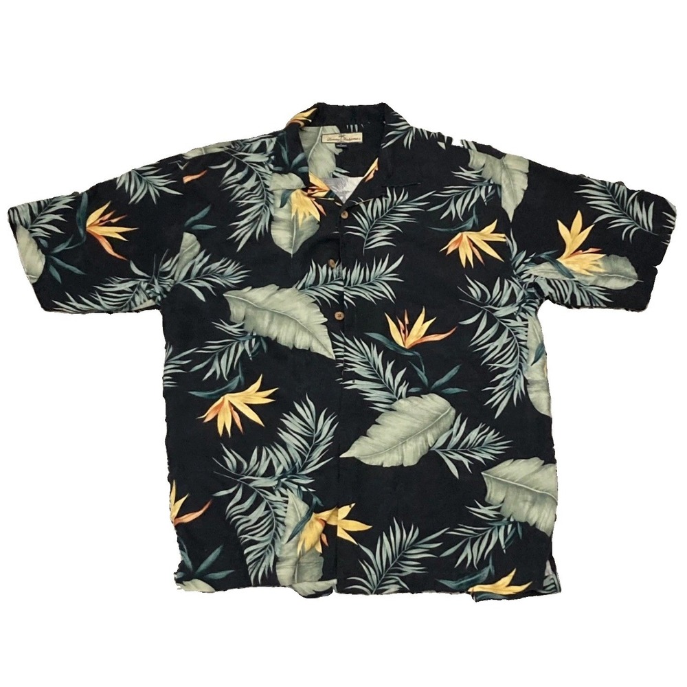 Tommy Bahama Mens Silk Camp Shirt Black Bird of Paradise Tropical Floral Medium